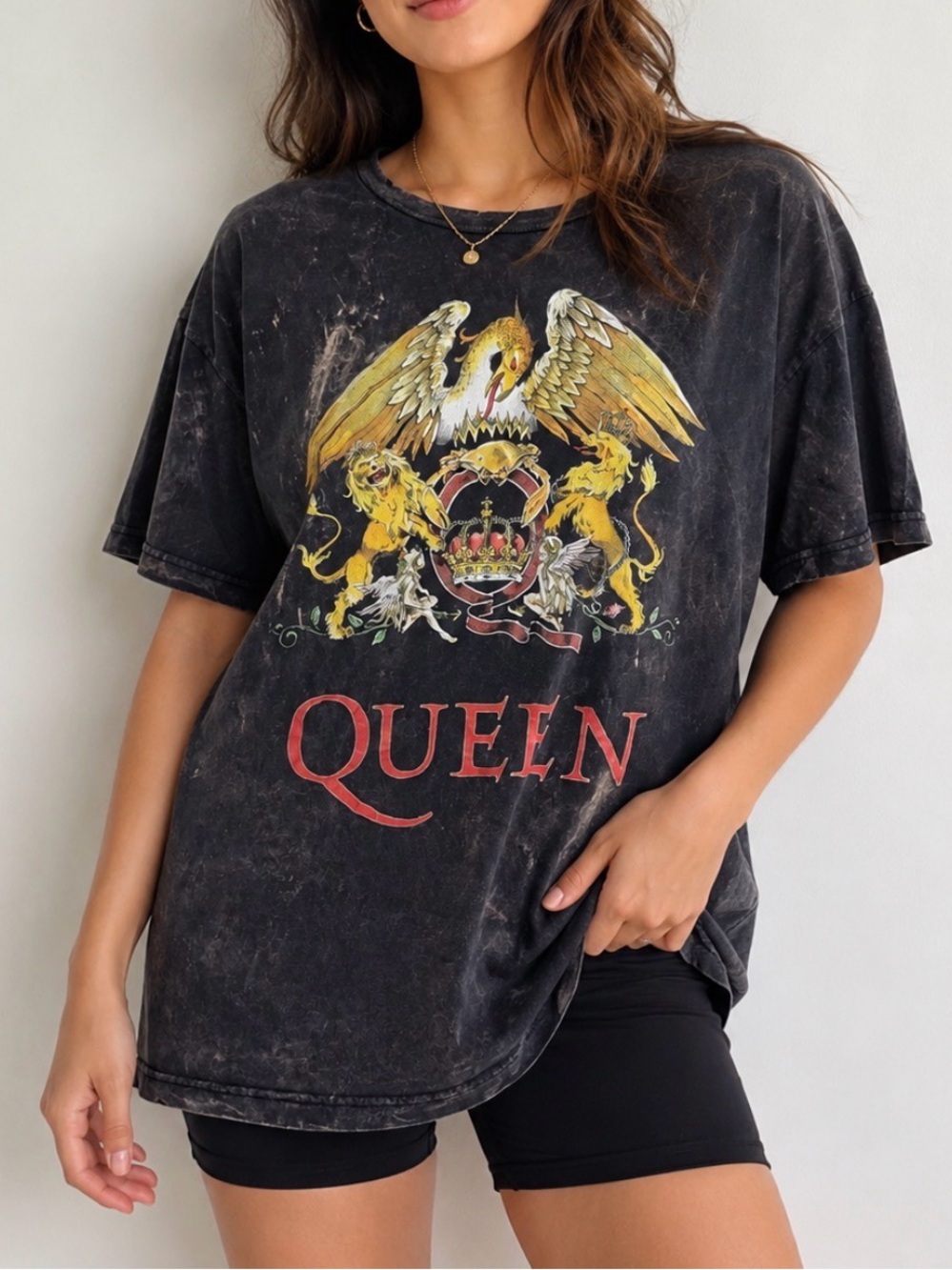 Queen Band Graphic Tee with Vintage style Crest - Black SM MD tie dyed *flawed*